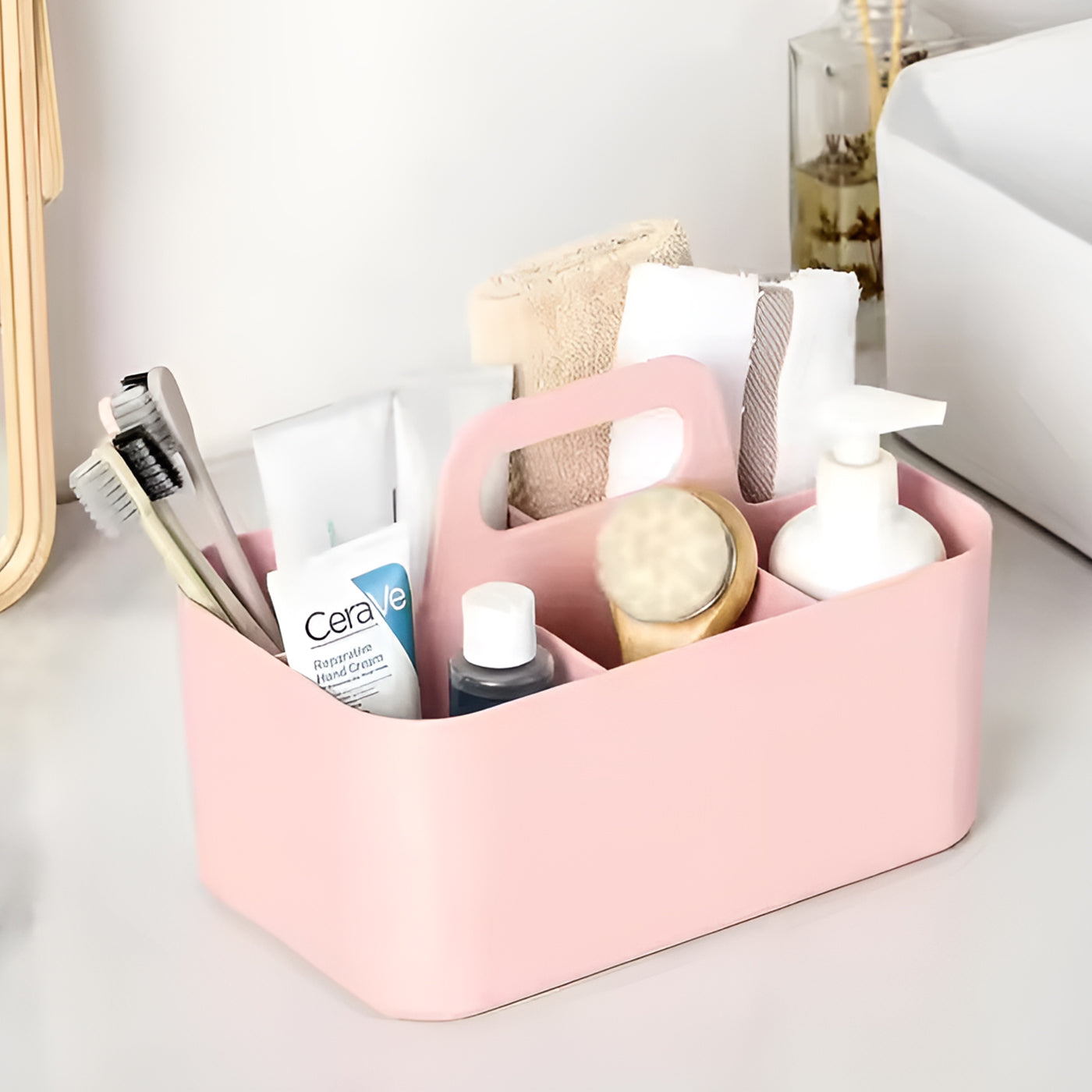 Multi-functional Plastic Desk and Bathroom Organizer 5 Compartments for Cosmetics, Pens, Pencils, and Toothpaste (Pink)