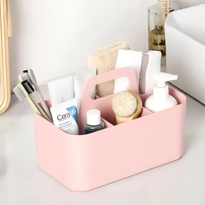 Multi-functional Plastic Desk and Bathroom Organizer 5 Compartments for Cosmetics, Pens, Pencils, and Toothpaste (Pink)