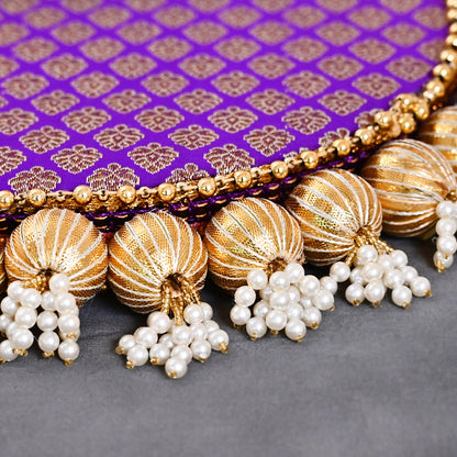 Diwali Pooja Thali with  Brass Ganesh and Laxmi Idol and  Roli, Chawal platter - Orange and Purple
