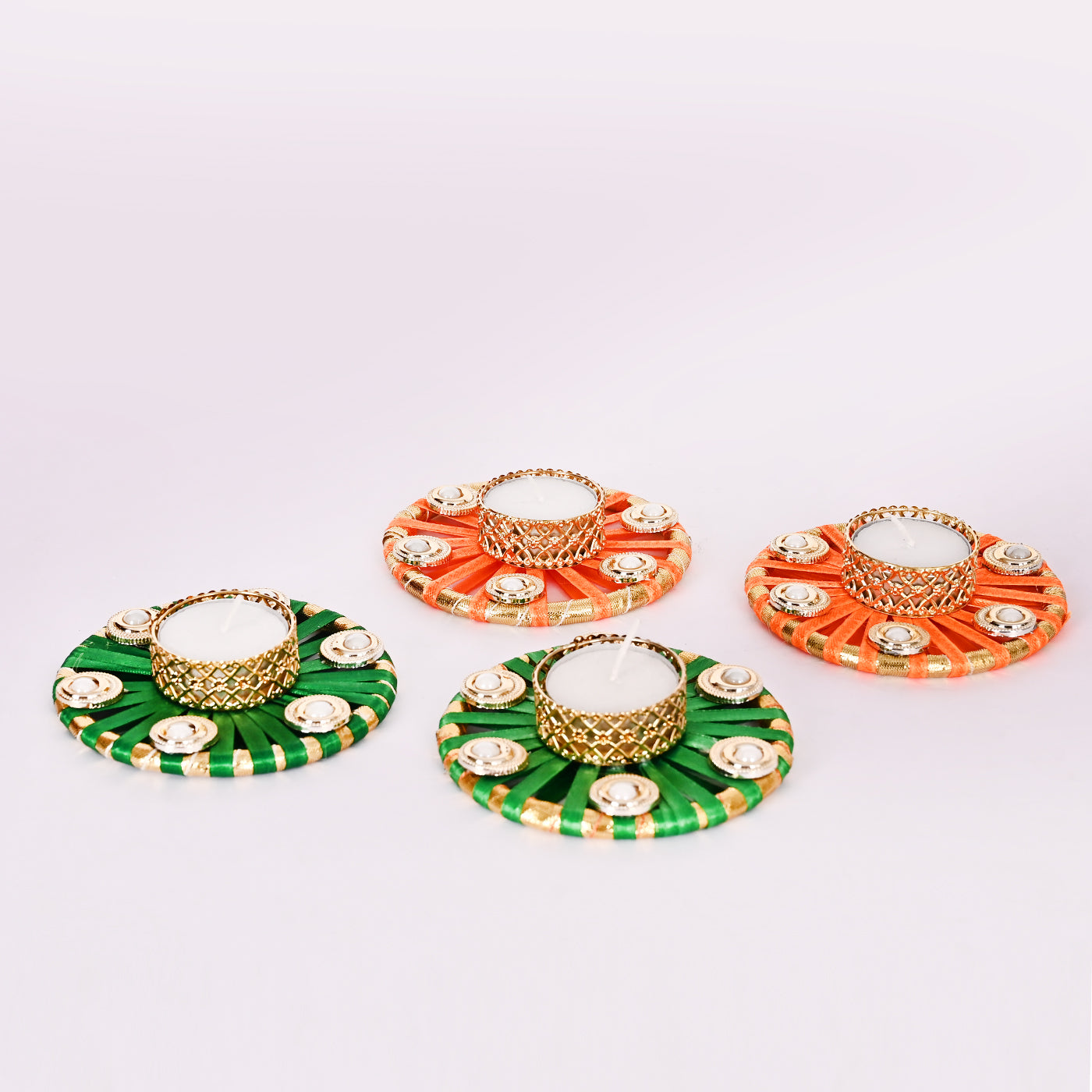 Satin Ribbon Hand-Woven Tea-Light Holders Set of 4