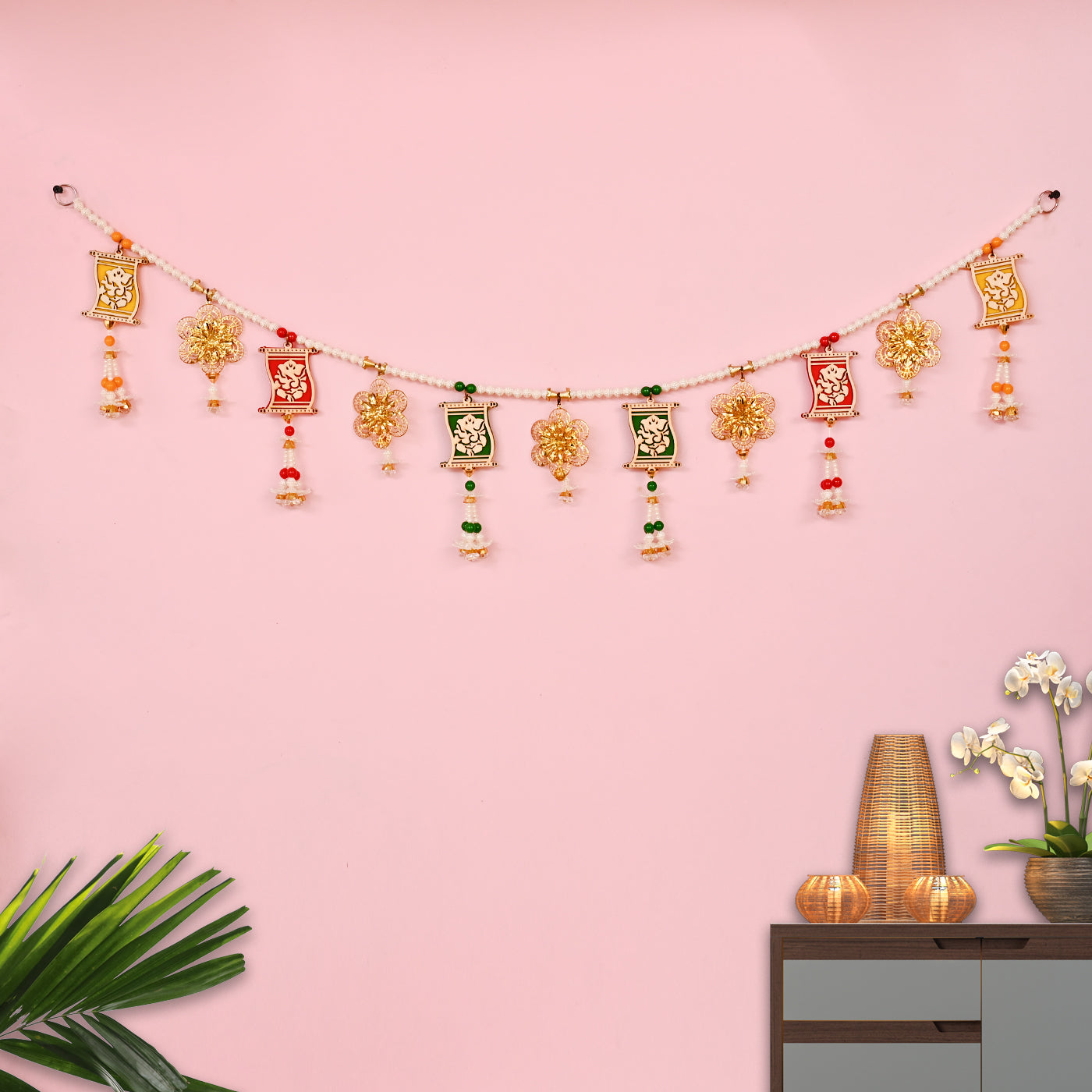 Wooden Ganesh Ji Toran with Flowers Braided with Beads