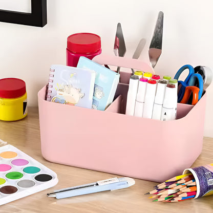 Multi-functional Plastic Desk and Bathroom Organizer 5 Compartments for Cosmetics, Pens, Pencils, and Toothpaste (Pink)