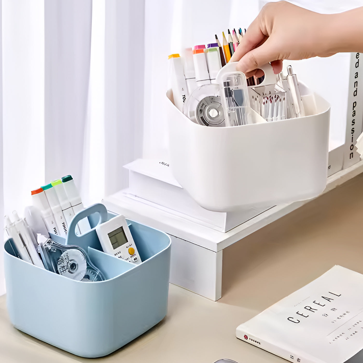 Multi-functional Plastic Desk and Bathroom Organizer 5 Compartments for Cosmetics, Pens, Pencils, and Toothpaste (White)
