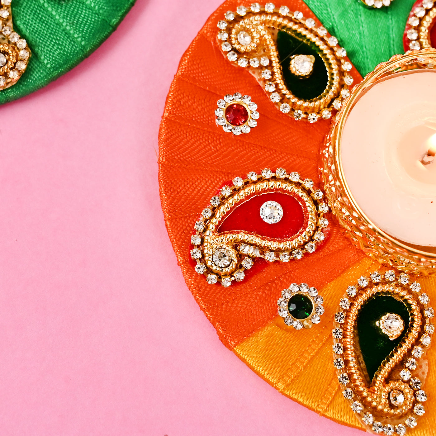 Rainbow Satin Ribbon Woven Tea-Light Holders with Small Crystals Set of 2