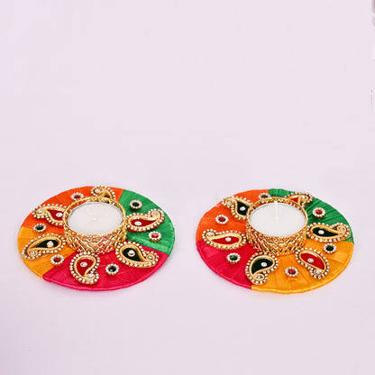 Rainbow Satin Ribbon Woven Tea-Light Holders with Small Crystals Set of 2