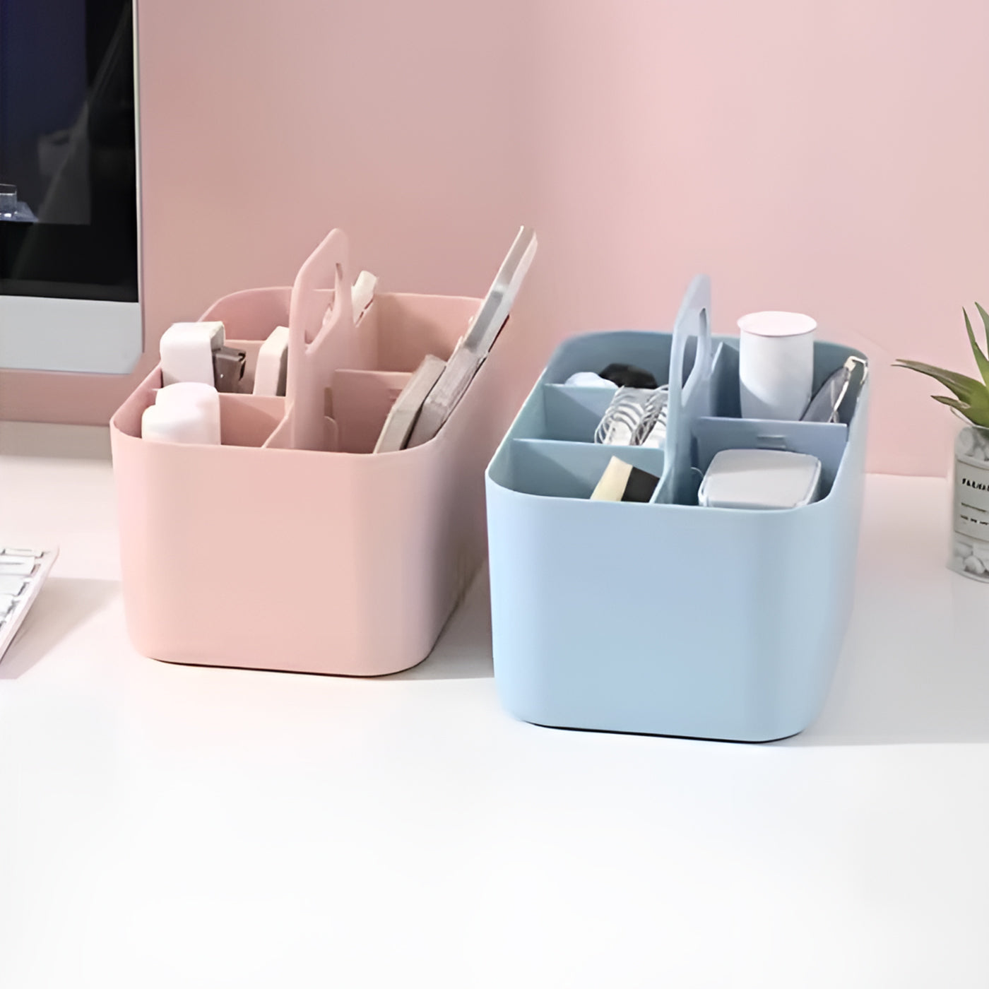 Multi-functional Plastic Desk and Bathroom Organizer 5 Compartments for Cosmetics, Pens, Pencils, and Toothpaste (Pink)
