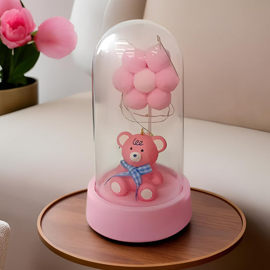 Cute Pink Teddy Bear Glass Dome LED Lights | Romantic Night Light Decoration | Gift for Girlfriend, Anniversary, Birthday, Valentine's Day