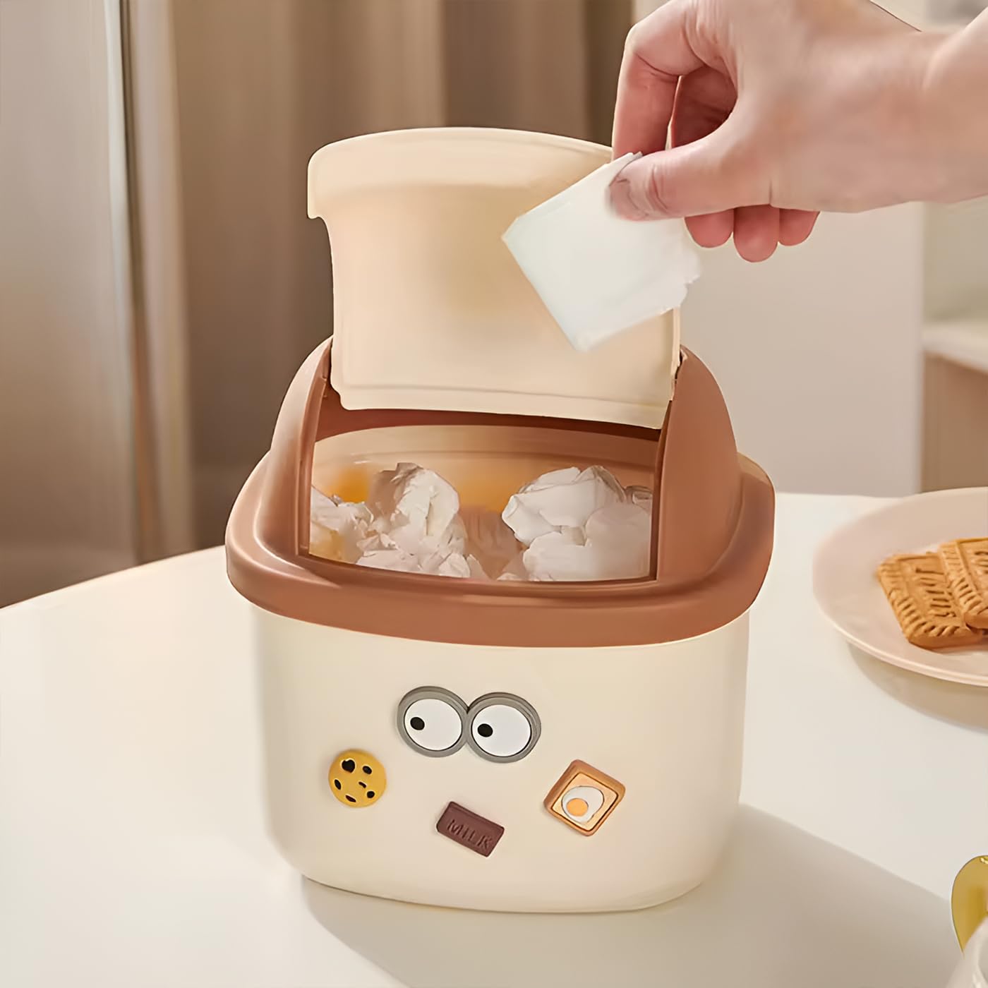 Plastic Mini Table Desk Dustbin with Swing Lid for Home, Living Room, Table, Bathrooms, Kitchens, Offices (Brown)