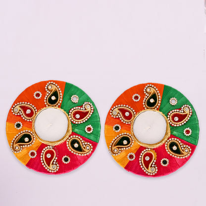 Rainbow Satin Ribbon Woven Tea-Light Holders with Small Crystals Set of 2