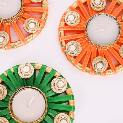 Satin Ribbon Hand-Woven Tea-Light Holders Set of 4