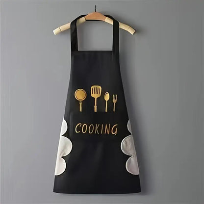 Waterproof Cooking Apron | Unisex Adjustable Apron with Front Pocket and Neck Strap | Side Coral Velvet Hands Towel for Kitchen, Cooking, Restaurant