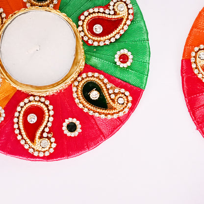 Rainbow Satin Ribbon Woven Tea-Light Holders with Small Crystals Set of 2