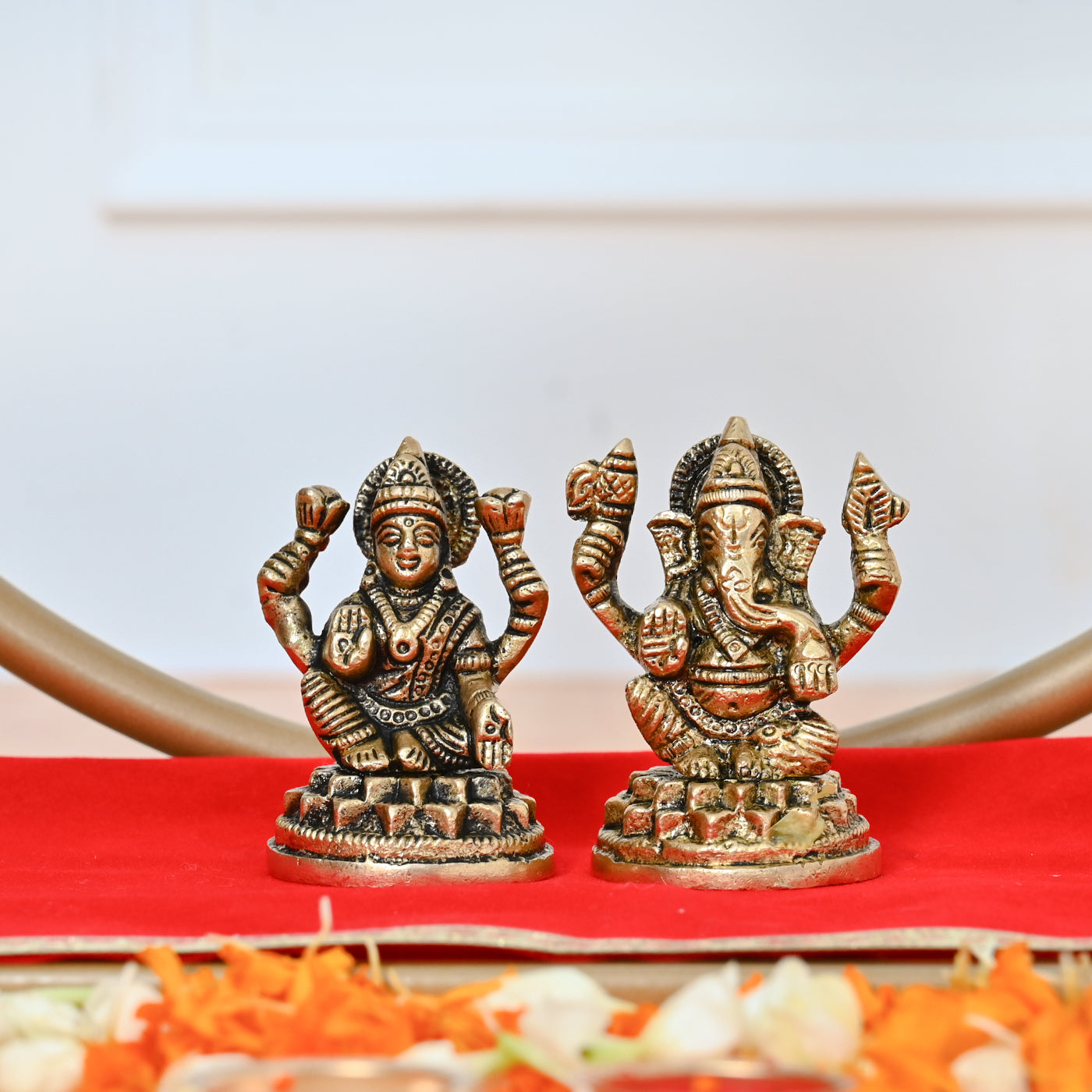 Premium Diwali Combo with Backdrop frame ,Pooja Aasan, Brass Laxmi Ganesh and Brass Lotus Diya - (Set of 4)