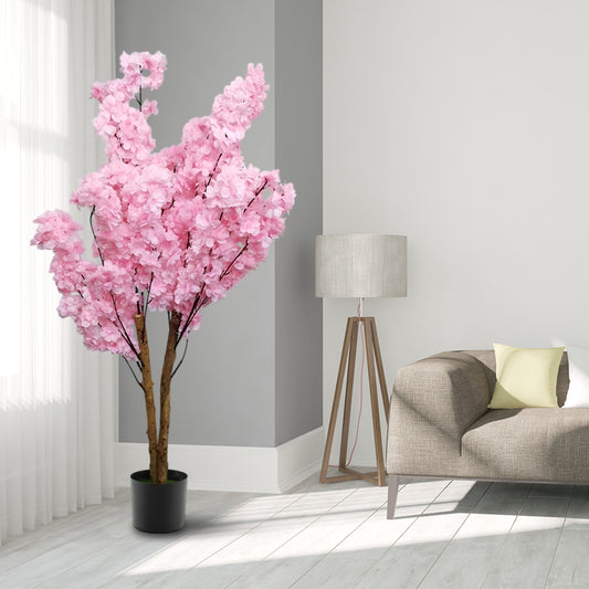 4 FT Artificial Cherry Blossom Tree | Handmade with Natural Silk Real-Touch Leaves | Tall Dark Pink Decorative Plant for Home and Office (18 x 15 x 133 cm)