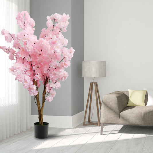 4 FT Artificial Cherry Blossom Tree | Handmade with Natural Silk Real-Touch Leaves | Tall Light Pink Decorative Plant for Home and Office (18 x 15 x 133 cm)