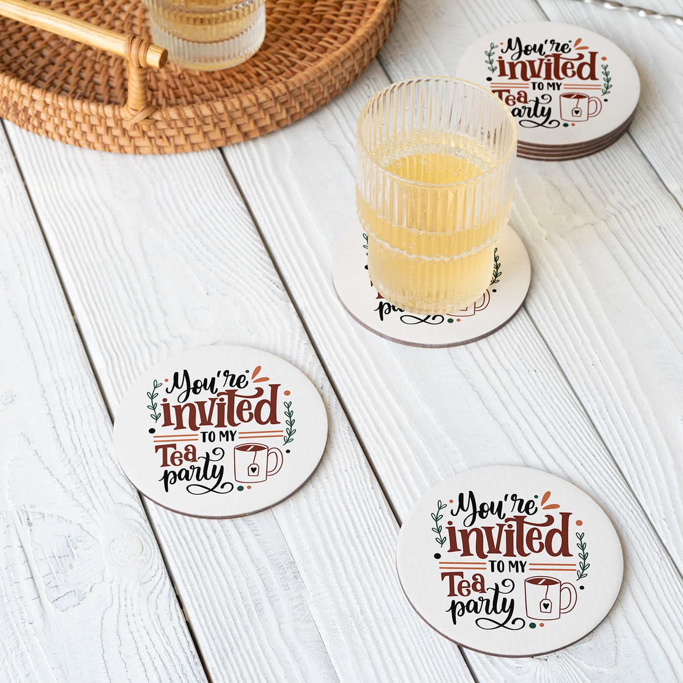 Set of 2 You're Invited to My Tea Party Printed Coaster Cum Fridge Magnets For Tea Cups ,Coffee Mugs Gift For Mother