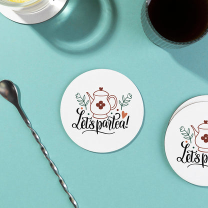 Set of 2 Let's Partea Printed Coaster Cum Fridge Magnets For Tea Cups ,Coffee Mugs Gift For Mother