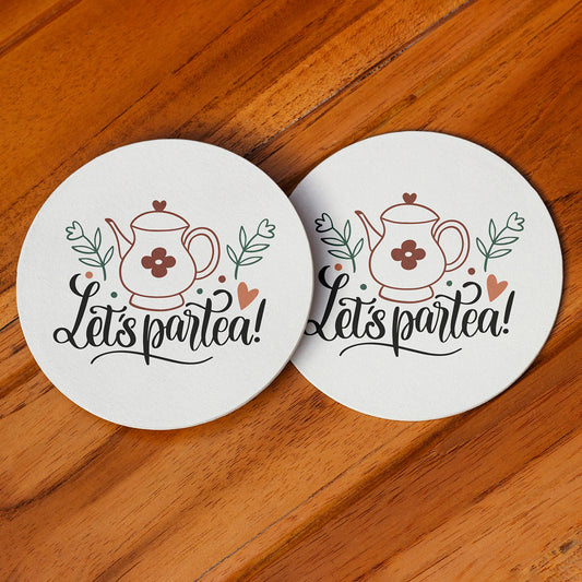 Set of 2 Let's Partea Printed Coaster Cum Fridge Magnets For Tea Cups ,Coffee Mugs Gift For Mother