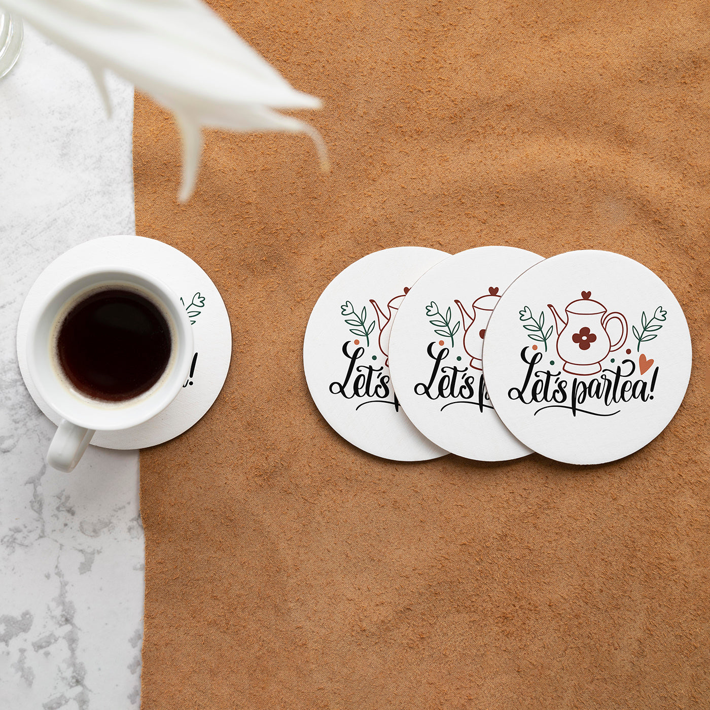 Set of 2 Let's Partea Printed Coaster Cum Fridge Magnets For Tea Cups ,Coffee Mugs Gift For Mother