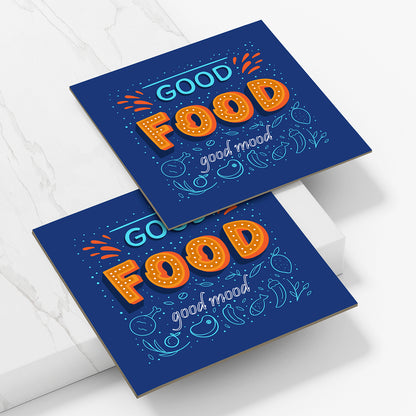 Set of 2 Good Food Good Mood Printed Coaster Cum Fridge Magnets For Tea Cups ,Coffee Mugs Gift For Mother