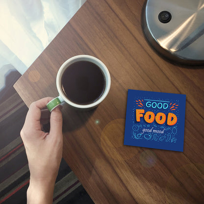 Set of 2 Good Food Good Mood Printed Coaster Cum Fridge Magnets For Tea Cups ,Coffee Mugs Gift For Mother
