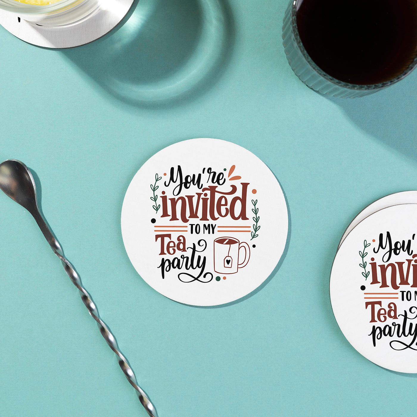 Set of 2 You're Invited to My Tea Party Printed Coaster Cum Fridge Magnets For Tea Cups ,Coffee Mugs Gift For Mother