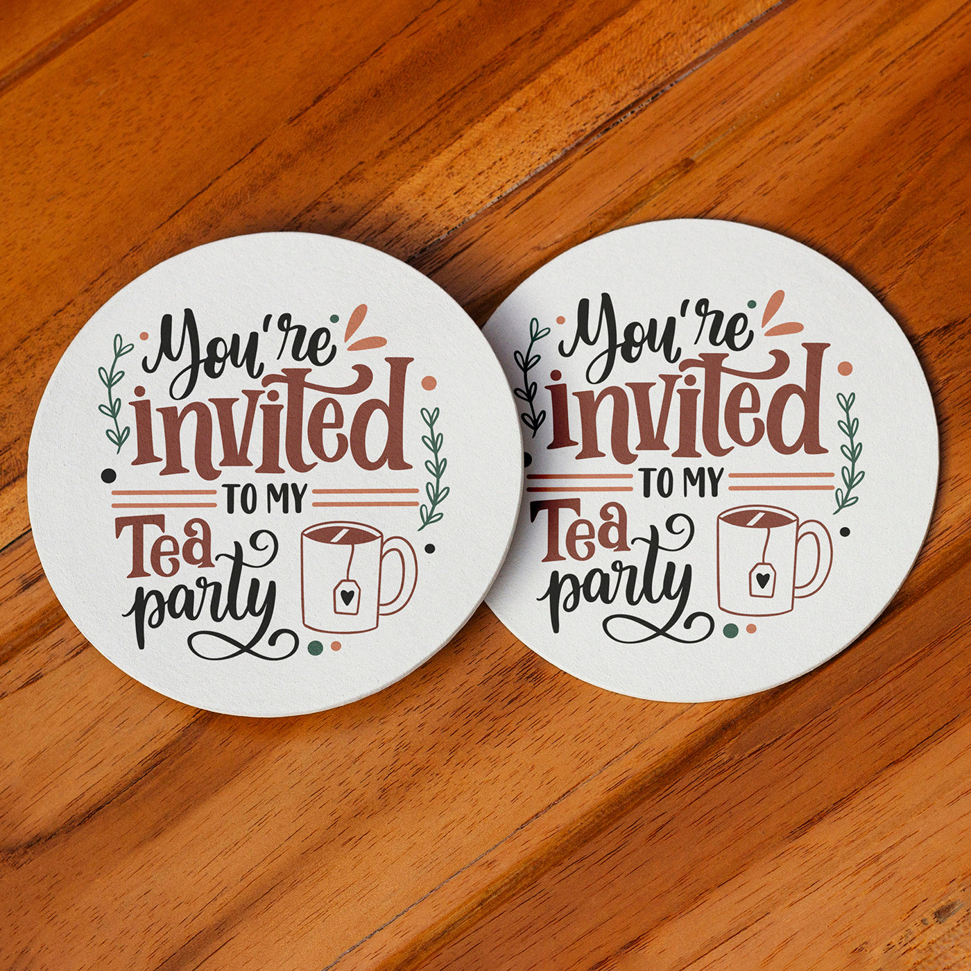 Set of 2 You're Invited to My Tea Party Printed Coaster Cum Fridge Magnets For Tea Cups ,Coffee Mugs Gift For Mother