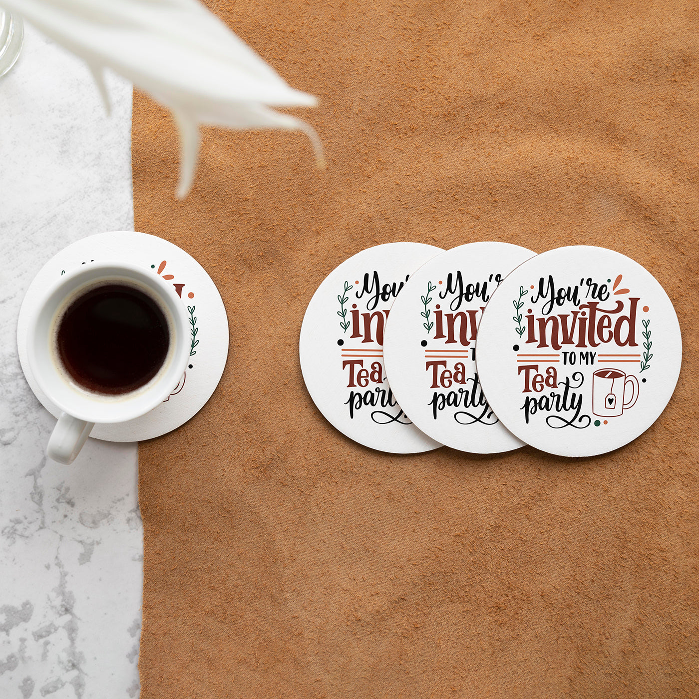 Set of 2 You're Invited to My Tea Party Printed Coaster Cum Fridge Magnets For Tea Cups ,Coffee Mugs Gift For Mother