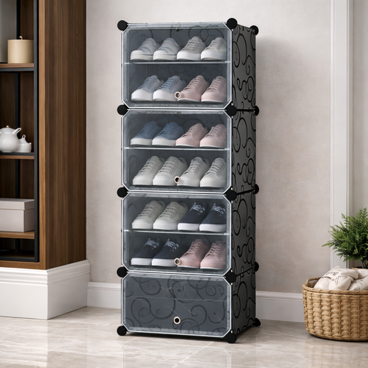Modular Plastic Storage Cabinet with Doors | DIY Shoe Rack & Multipurpose Organizer for Home | Available in Plain & Patterned Panels (Black – Patterned, Four Door | 8 Shelves)