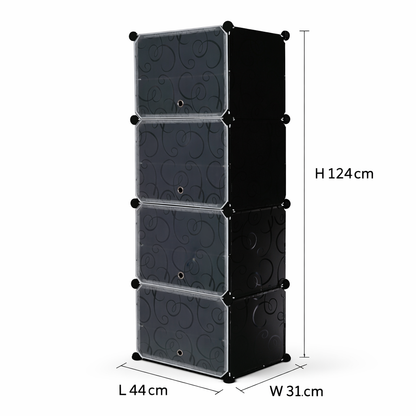 Modular Plastic Storage Cabinet with Doors | DIY Shoe Rack & Multipurpose Organizer for Home | Available in Plain & Patterned Panels (Black – Patterned, Four Door | 8 Shelves)
