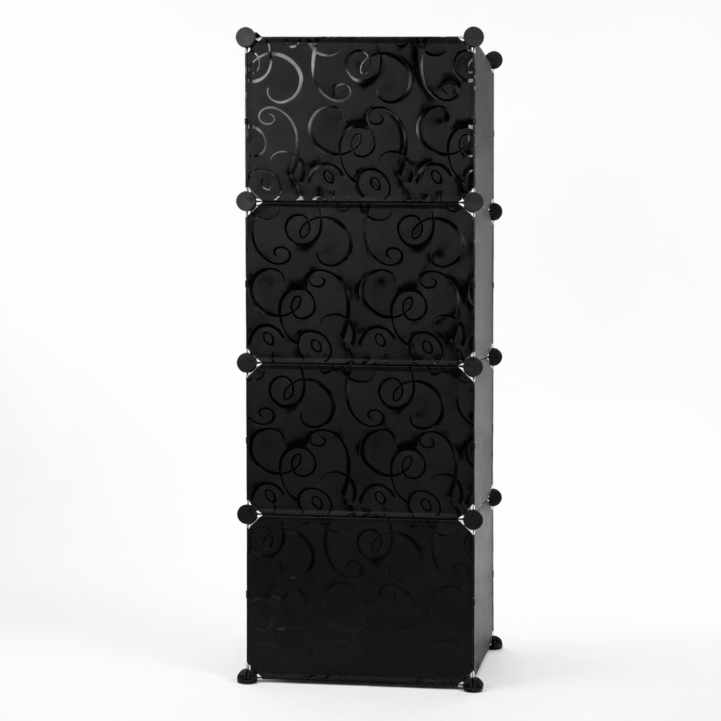 Modular Plastic Storage Cabinet with Doors | DIY Shoe Rack & Multipurpose Organizer for Home | Available in Plain & Patterned Panels (Black – Patterned, Four Door | 8 Shelves)