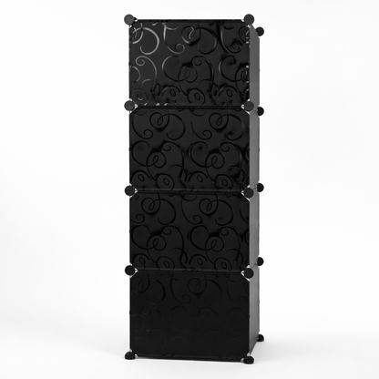 Modular Plastic Storage Cabinet with Doors | DIY Shoe Rack & Multipurpose Organizer for Home | Available in Plain & Patterned Panels (Black – Patterned, Four Door | 8 Shelves)