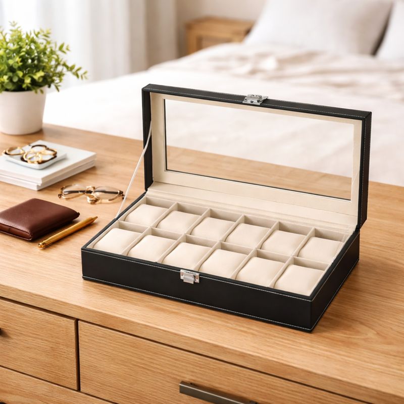 DecorTwist Premium Watch Storage Box Watch Case Organizer PU Leather, Velvet Interior, Transparent Lid (12 Slots)