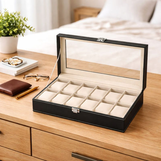 DecorTwist Premium Watch Storage Box Watch Case Organizer PU Leather, Velvet Interior, Transparent Lid (12 Slots)