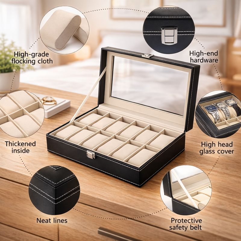 DecorTwist Premium Watch Storage Box Watch Case Organizer PU Leather, Velvet Interior, Transparent Lid (12 Slots)
