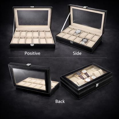 DecorTwist Premium Watch Storage Box Watch Case Organizer PU Leather, Velvet Interior, Transparent Lid (12 Slots)