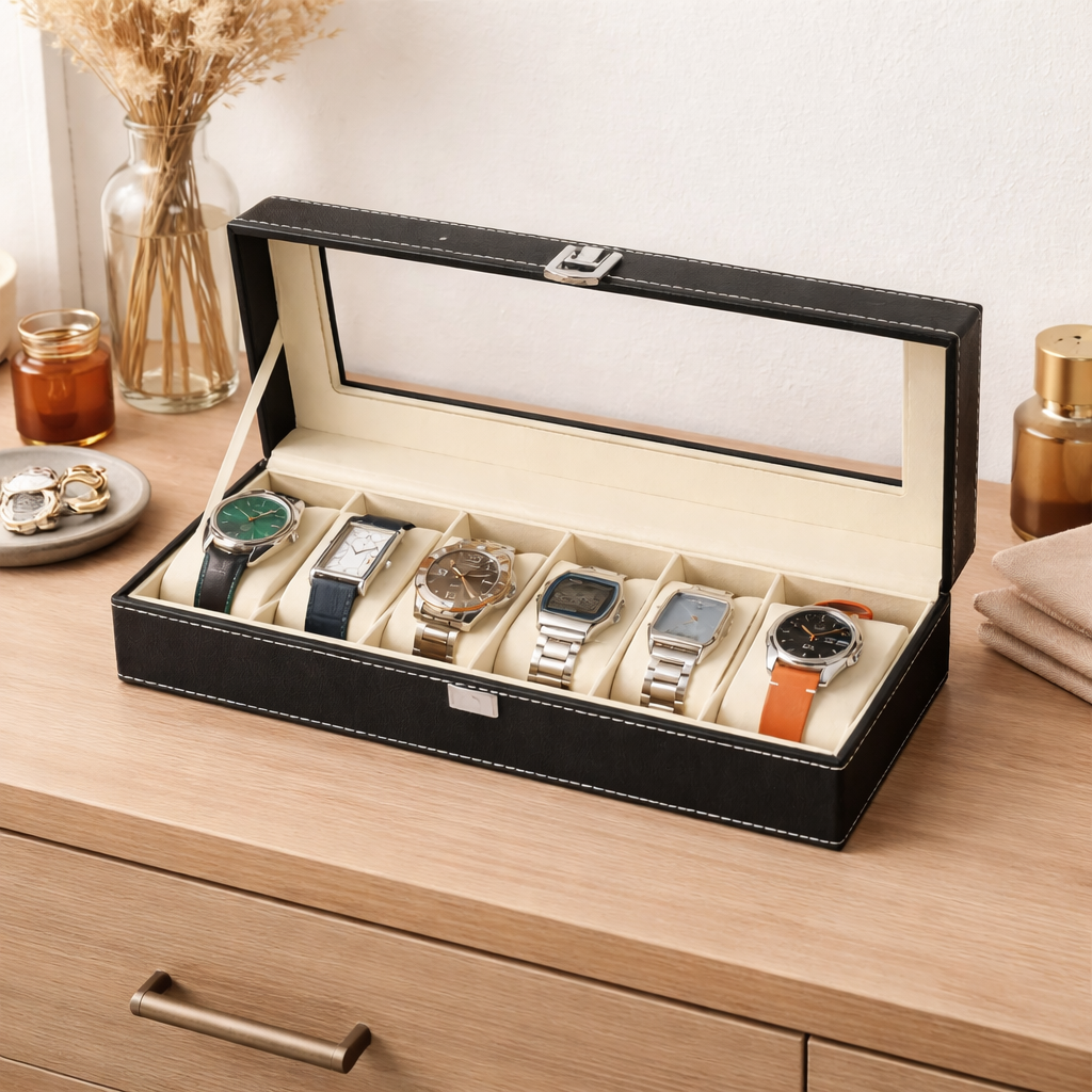 DecorTwist Premium Watch Storage Box Watch Case Organizer PU Leather, Velvet Interior, Transparent Lid (6 Slots)