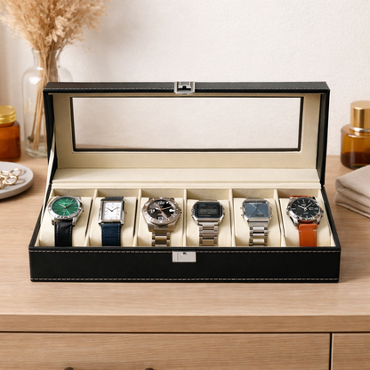 DecorTwist Premium Watch Storage Box Watch Case Organizer PU Leather, Velvet Interior, Transparent Lid (6 Slots)