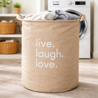 Foldable Laundry Basket for Clothes (Brown | “live laugh love”)