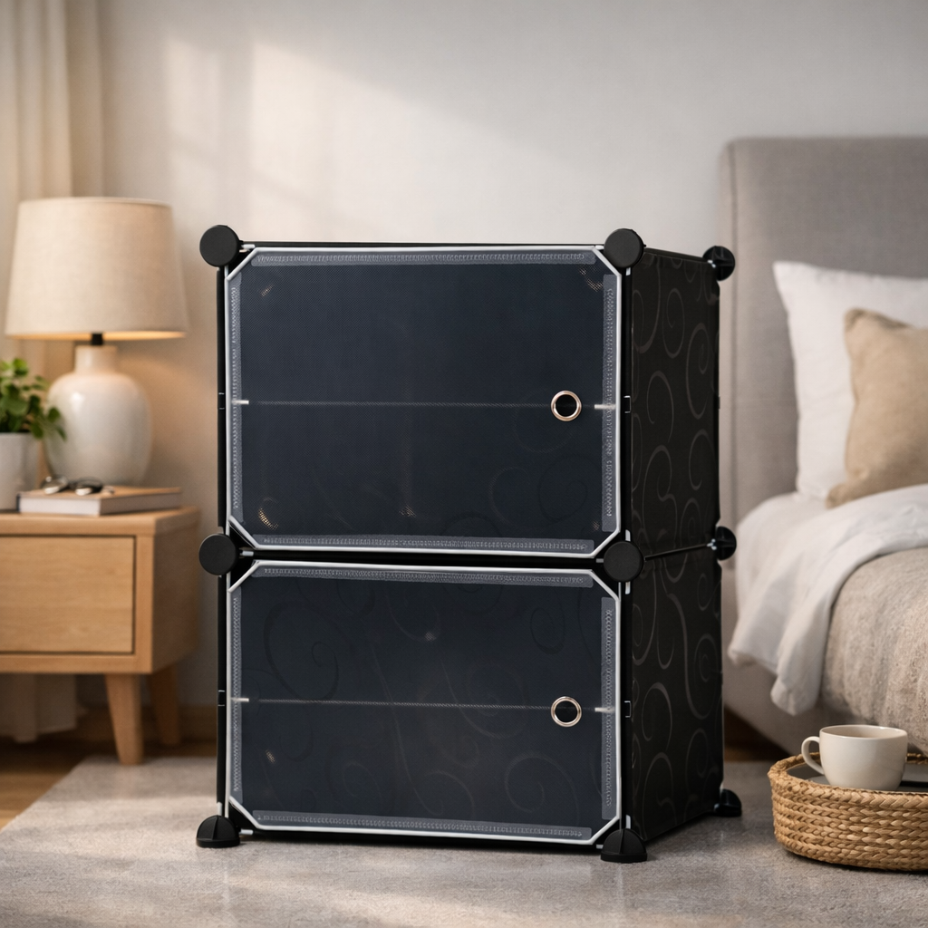 Modular Plastic Storage Cabinet with Doors | DIY Shoe Rack & Multipurpose Organizer for Home | Available in Plain & Patterned Panels (White – Plain, Double Door | 4 Shelves)