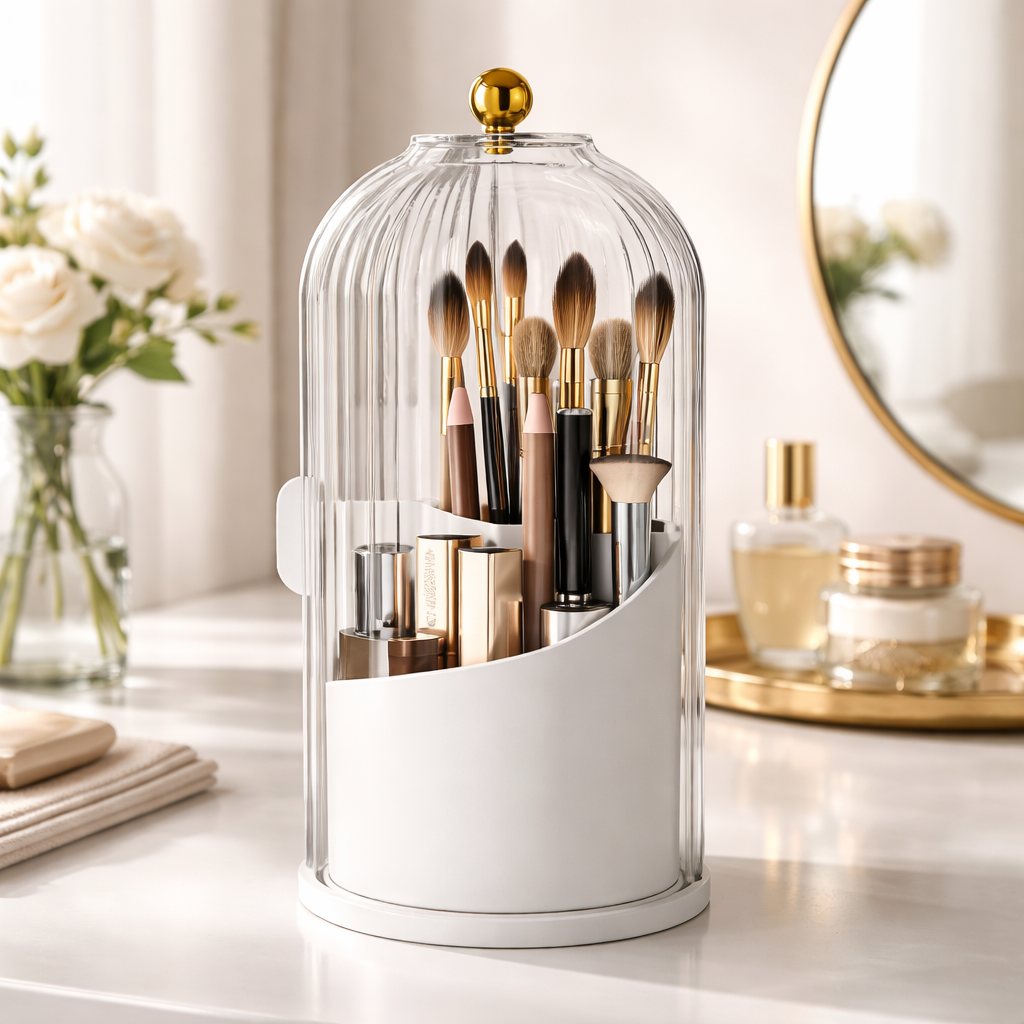 360° Rotating Makeup Brush Holder with Lid | Dustproof & Waterproof Cosmetic Organizer for Vanity & Dressing Table (Transparent)