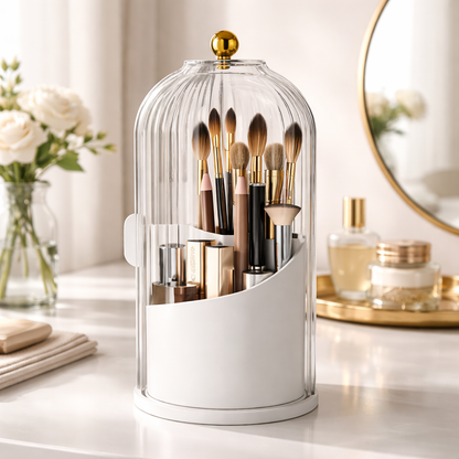 360° Rotating Makeup Brush Holder with Lid | Dustproof & Waterproof Cosmetic Organizer for Vanity & Dressing Table (Transparent)