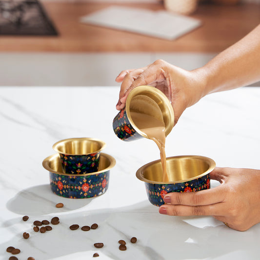 Pure Brass Dabara Set Tea Coffee Kumbakonam Dabara Set South Indian Coffee Glass Tumbler Set Serving Drinkware  Brass Dabara Tumbler Set-150 ml ( Printed Pattern Blue)