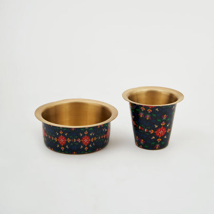 Pure Brass Dabara Set Tea Coffee Kumbakonam Dabara Set South Indian Coffee Glass Tumbler Set Serving Drinkware  Brass Dabara Tumbler Set-150 ml ( Printed Pattern Blue)