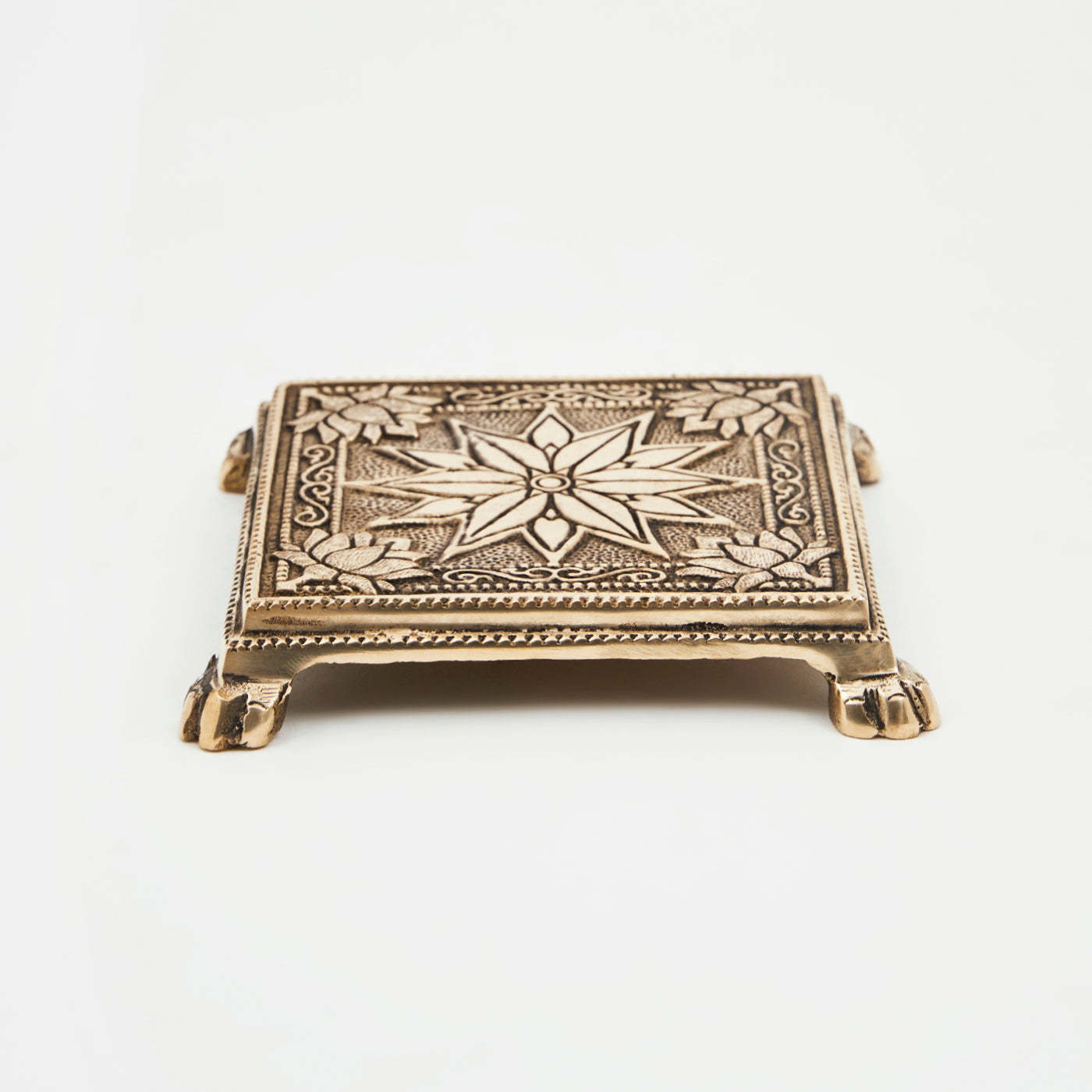 Brass Chowki for Pooja Flower Designed Patla in Square Shaped Bajot for Home Pooja Mandir