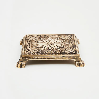Brass Chowki for Pooja Flower Designed Patla in Square Shaped Bajot for Home Pooja Mandir