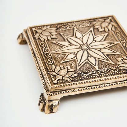 Brass Chowki for Pooja Flower Designed Patla in Square Shaped Bajot for Home Pooja Mandir