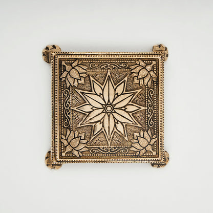Brass Chowki for Pooja Flower Designed Patla in Square Shaped Bajot for Home Pooja Mandir