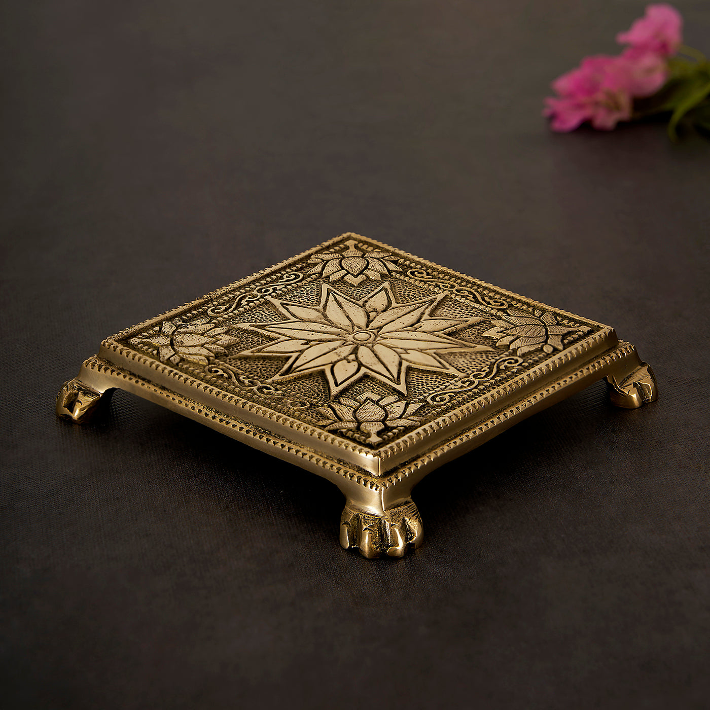 Brass Chowki for Pooja Flower Designed Patla in Square Shaped Bajot for Home Pooja Mandir