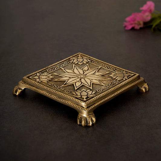 Brass Chowki for Pooja Flower Designed Patla in Square Shaped Bajot for Home Pooja Mandir